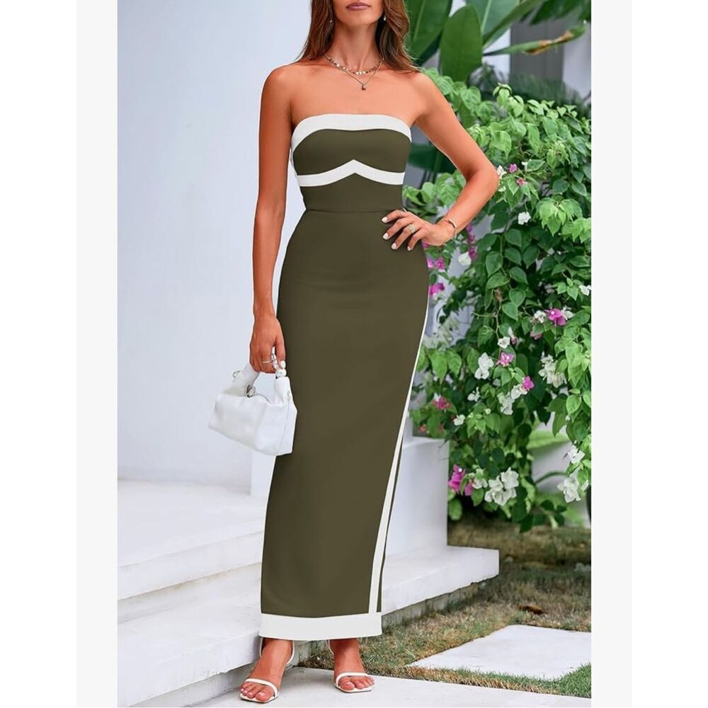 NEW Olive Green Bodycon Strapless Slit Cocktail Party Tube Maxi Dress S - Picture 6 of 7